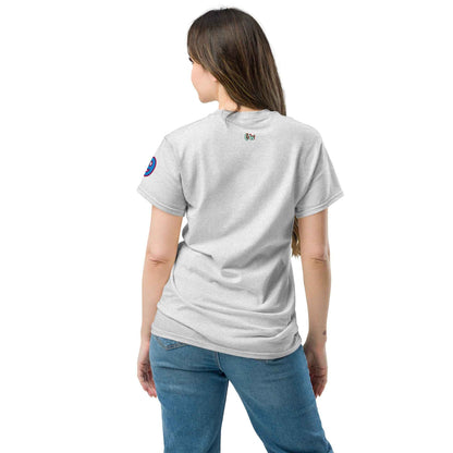 Unisex classic tee in Ash Grey, back view with small chest logo