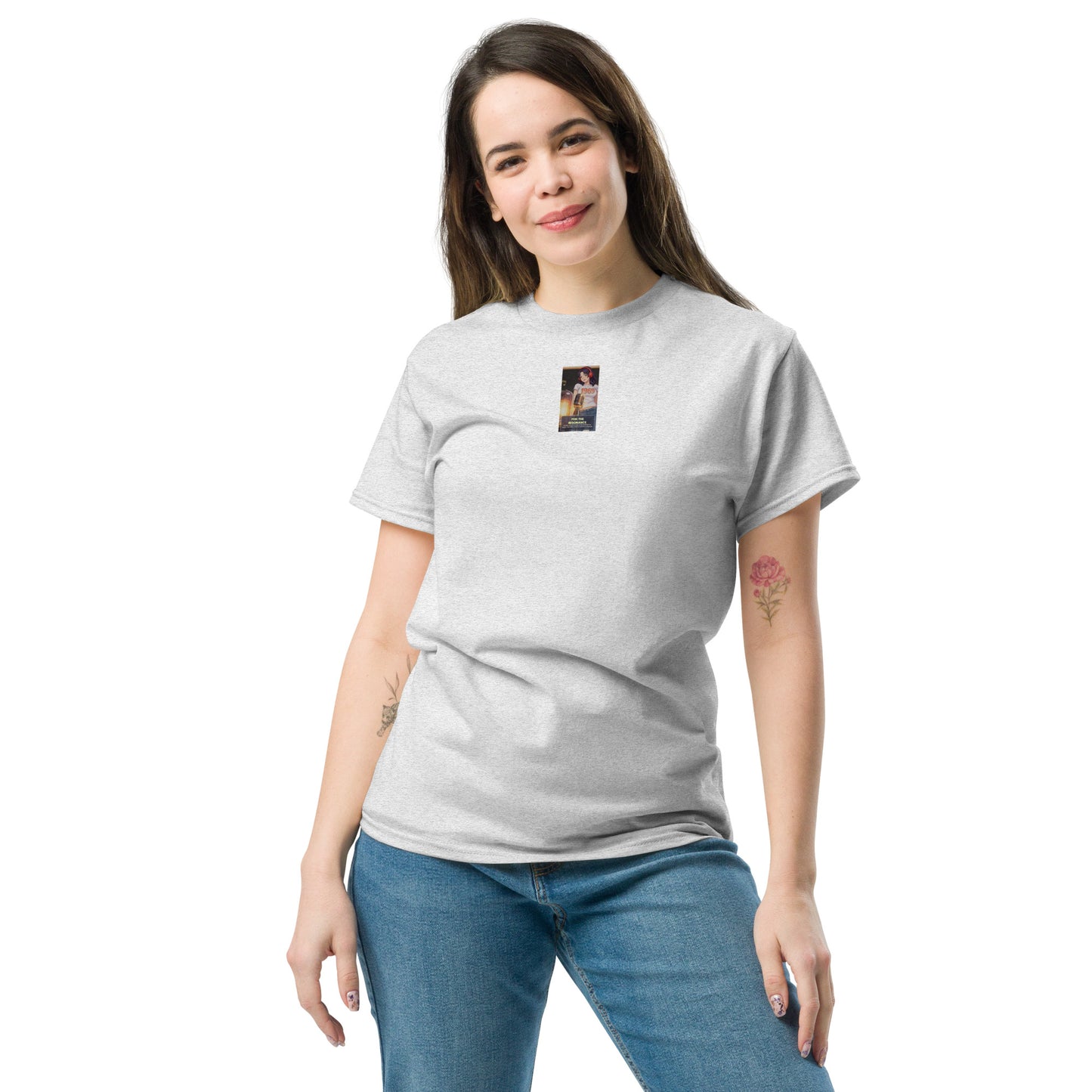 Heritage#5 classic tee, front small photo graphic on heather gray