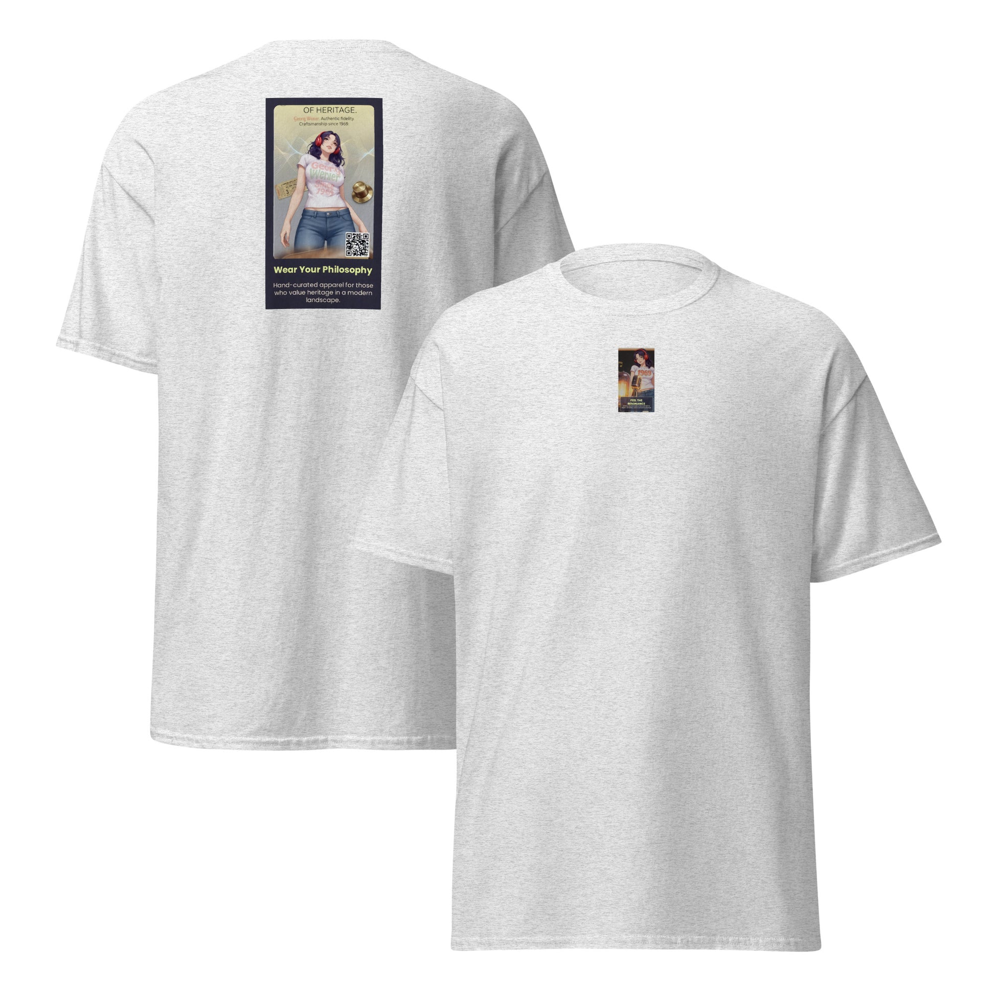 Heritage#5 classic tee in light gray, back view, crewneck with square graphic print