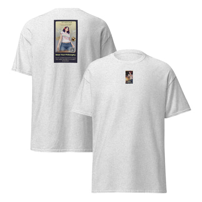 Heritage#5 classic tee in light gray, back view, crewneck with square graphic print