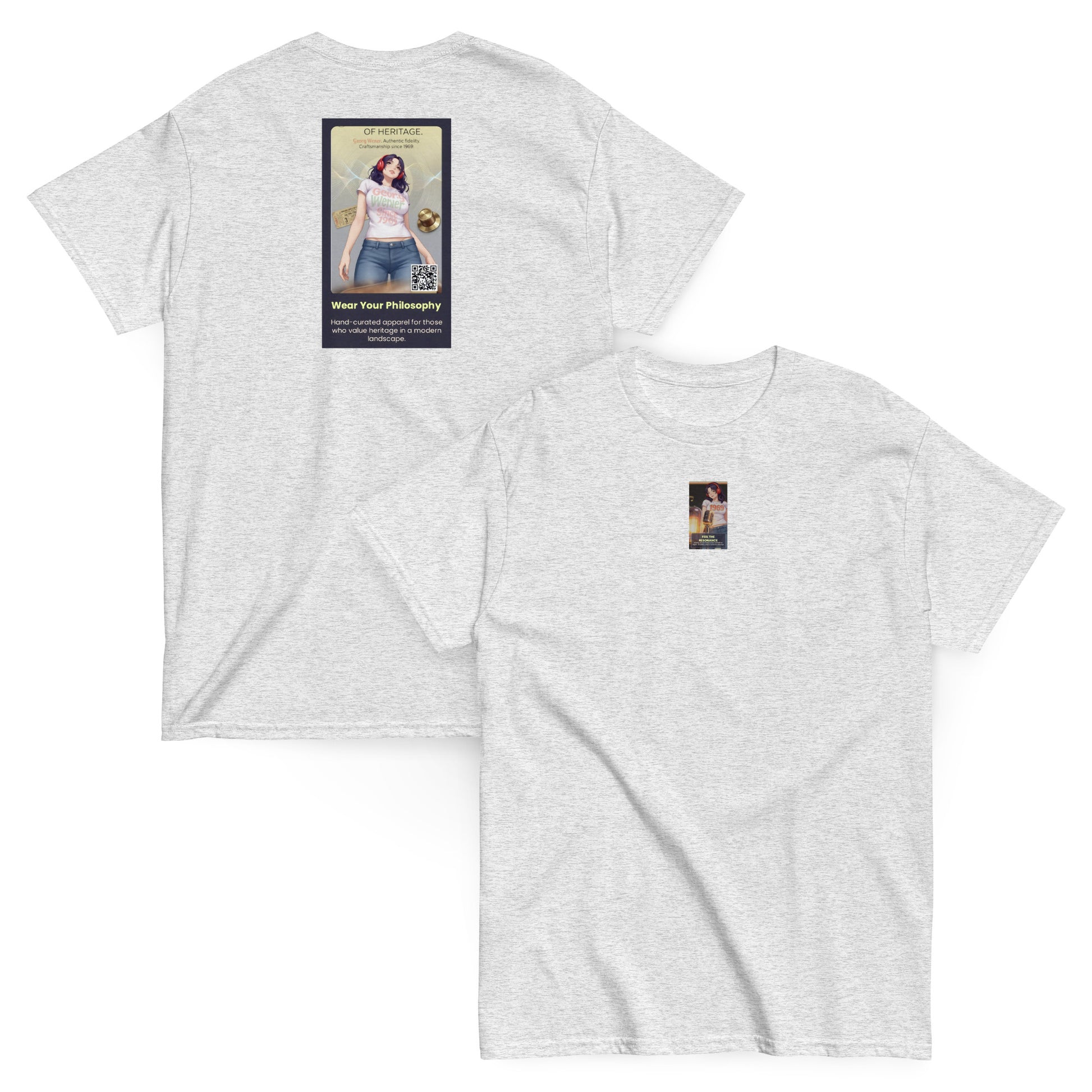 Heritage#5 classic tee in light gray, front view, crewneck with small square graphic print