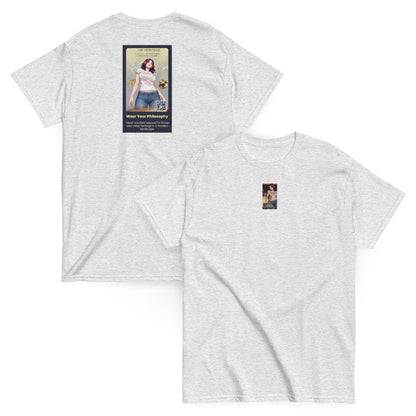 Heritage#5 classic tee in light gray, front view, crewneck with small square graphic print