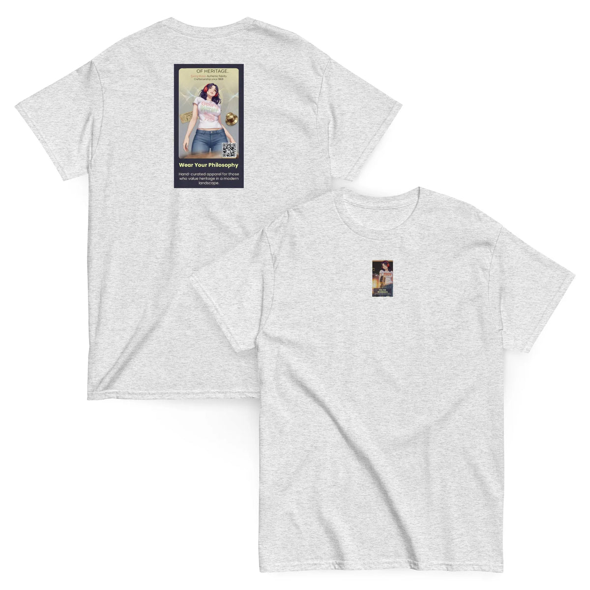 Heritage#5 classic tee in light gray, front view, crewneck with small square graphic print