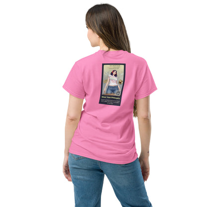 Heritage#5 classic tee in Azalea pink, back view with large square graphic print