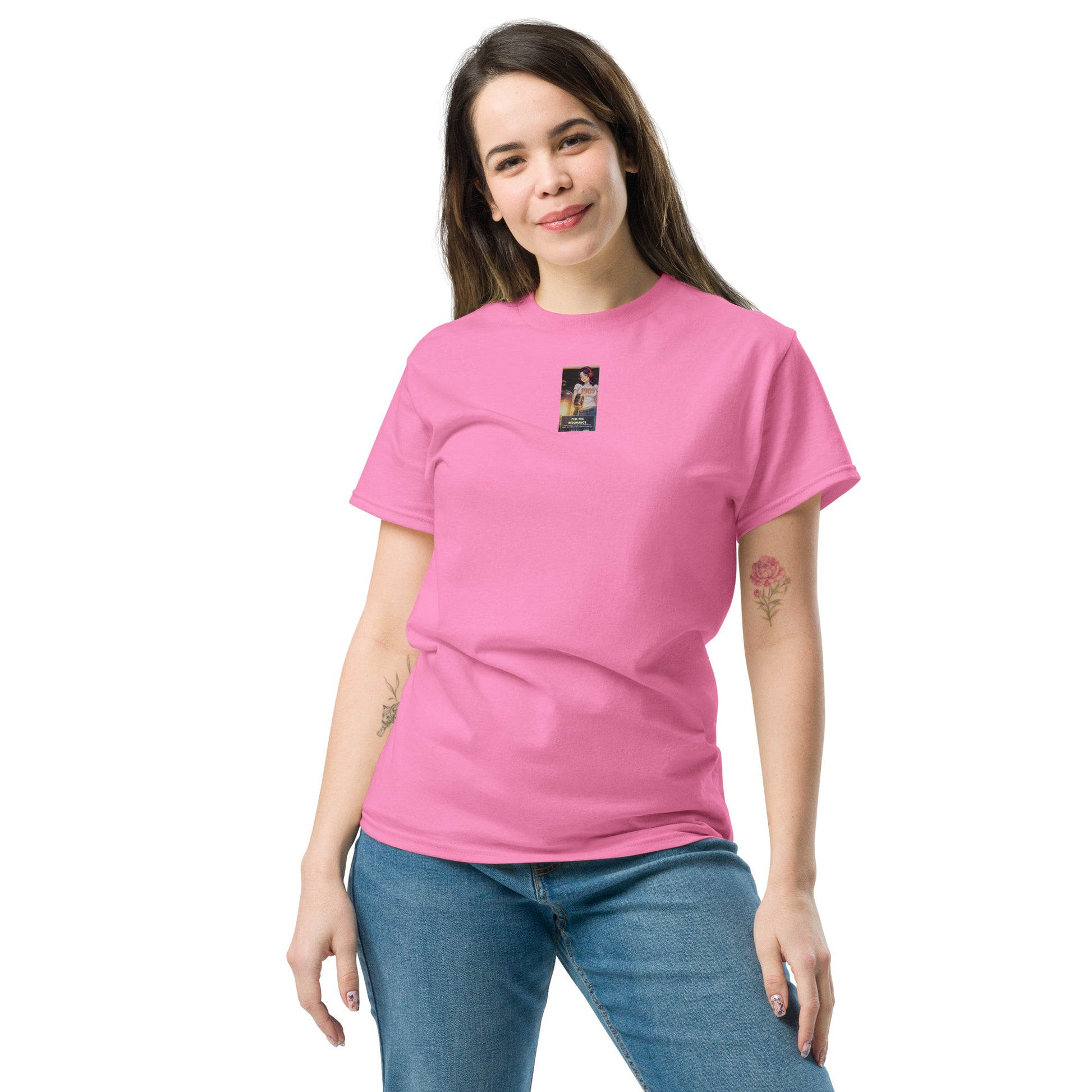 Heritage#5 classic tee in azalea pink, front view with small chest graphic