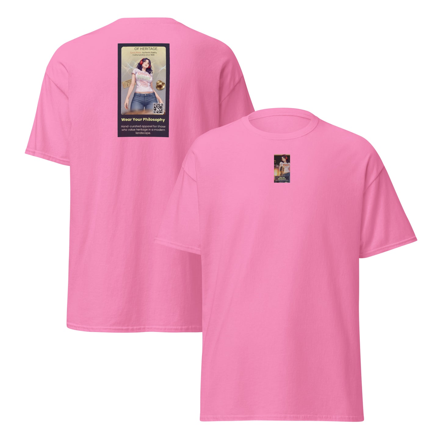 Heritage#5 classic tee in azalea pink, back view, crewneck with square graphic print