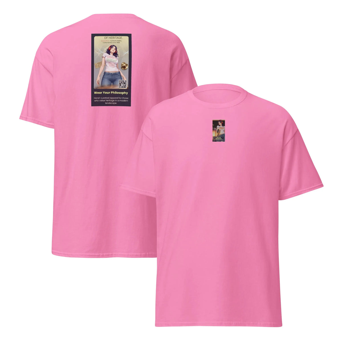 Heritage#5 classic tee in azalea pink, back view, crewneck with square graphic print