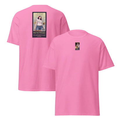 Heritage#5 classic tee in azalea pink, back view, crewneck with square graphic print