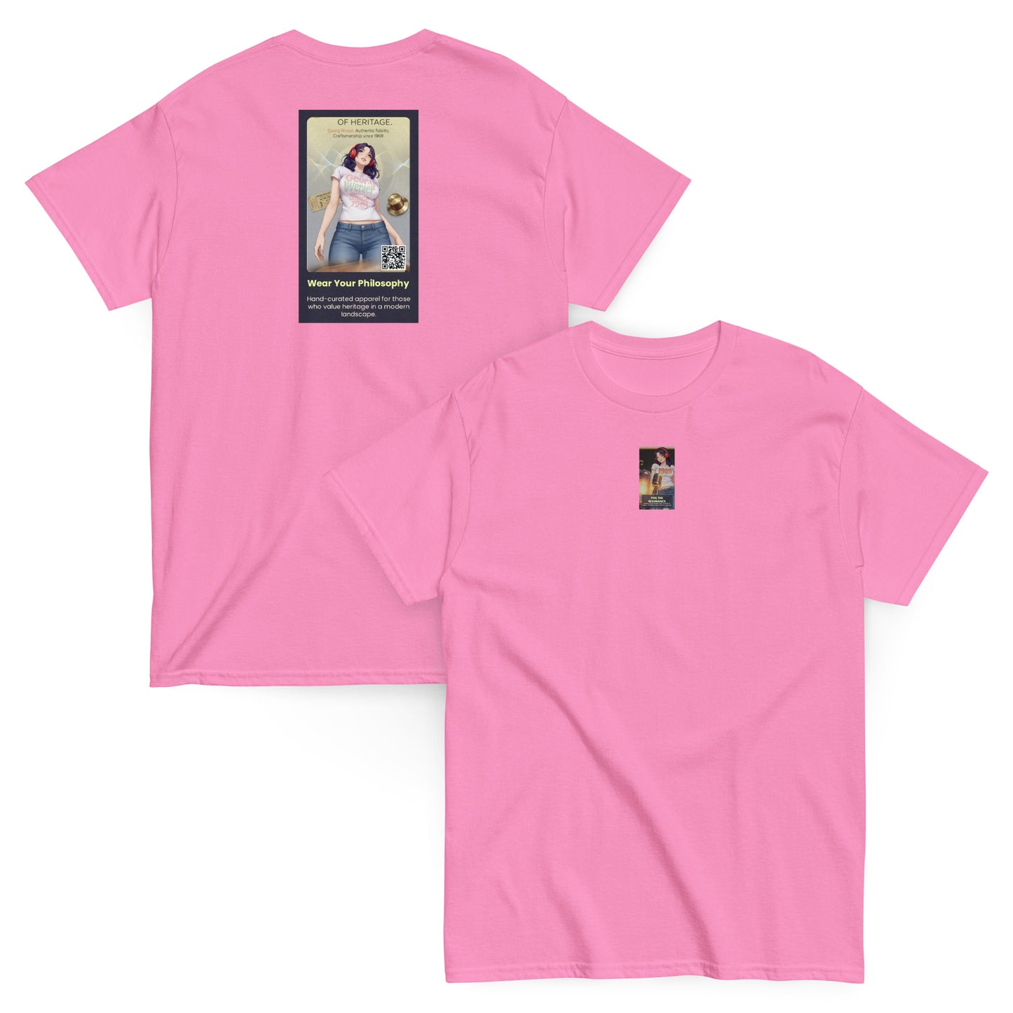 Heritage#5 classic tee in azalea pink, front view, crewneck with small square graphic print