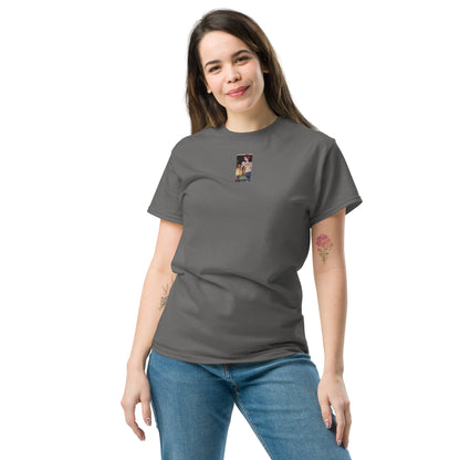 Heritage#5 classic tee in charcoal, front view, crewneck with small square graphic print