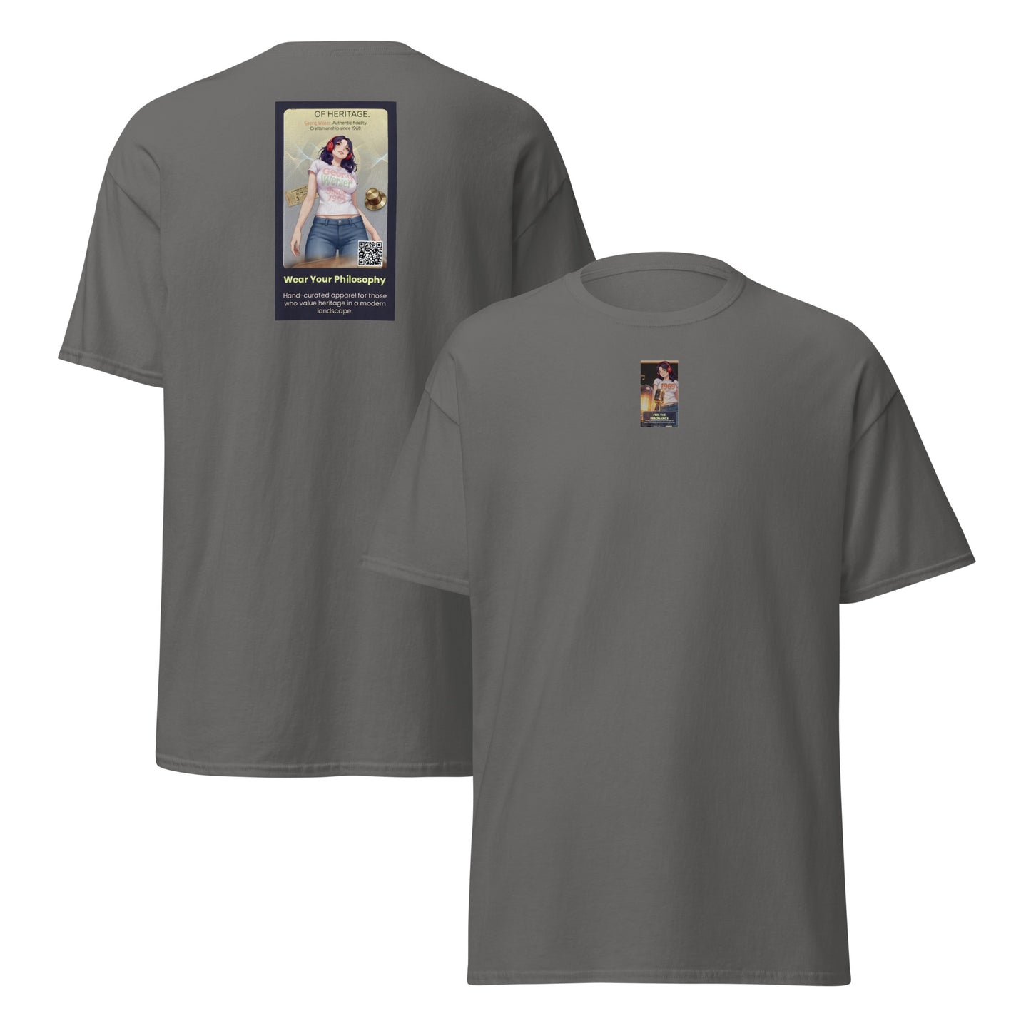 Heritage#5 classic tee in charcoal, back view, crewneck with square graphic print