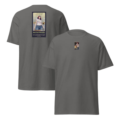 Heritage#5 classic tee in charcoal, back view, crewneck with square graphic print