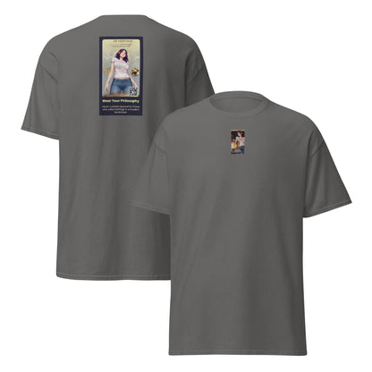 Heritage#5 classic tee in charcoal, back view, crewneck with square graphic print