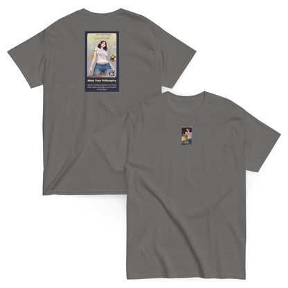 Heritage#5 classic tee in charcoal, front view, crewneck with small square graphic print