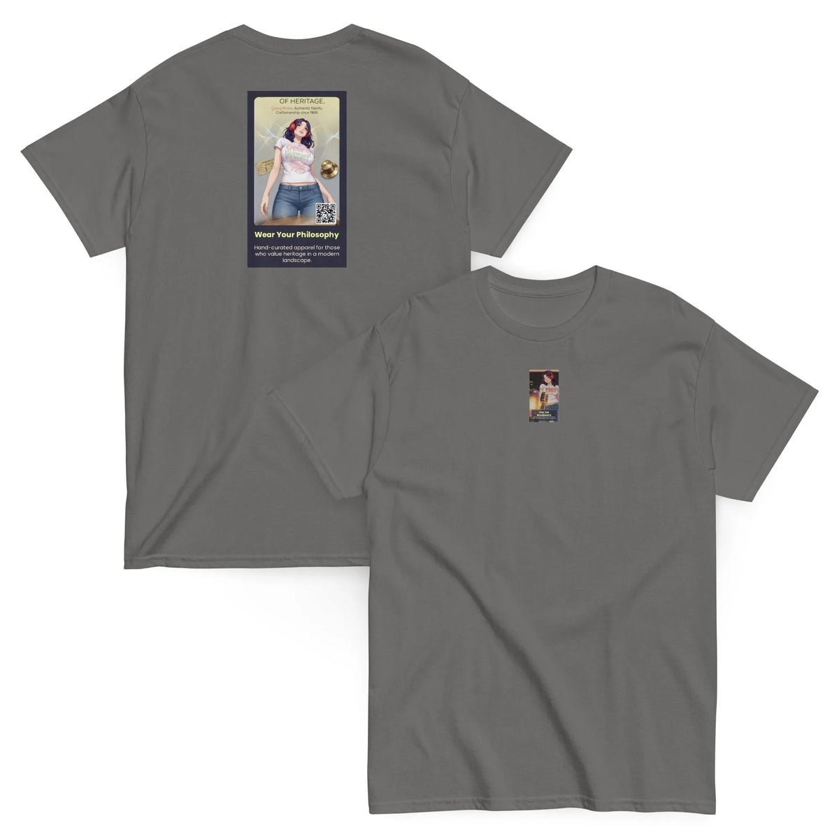 Heritage#5 classic tee in charcoal, front view, crewneck with small square graphic print