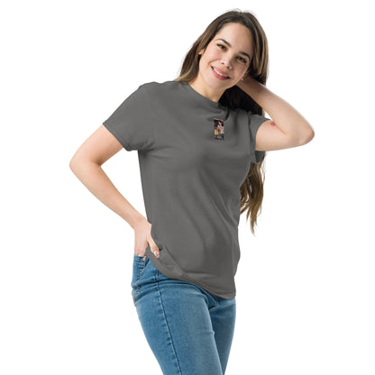 Heritage#5 classic tee in dark charcoal grey, front view with small chest graphic