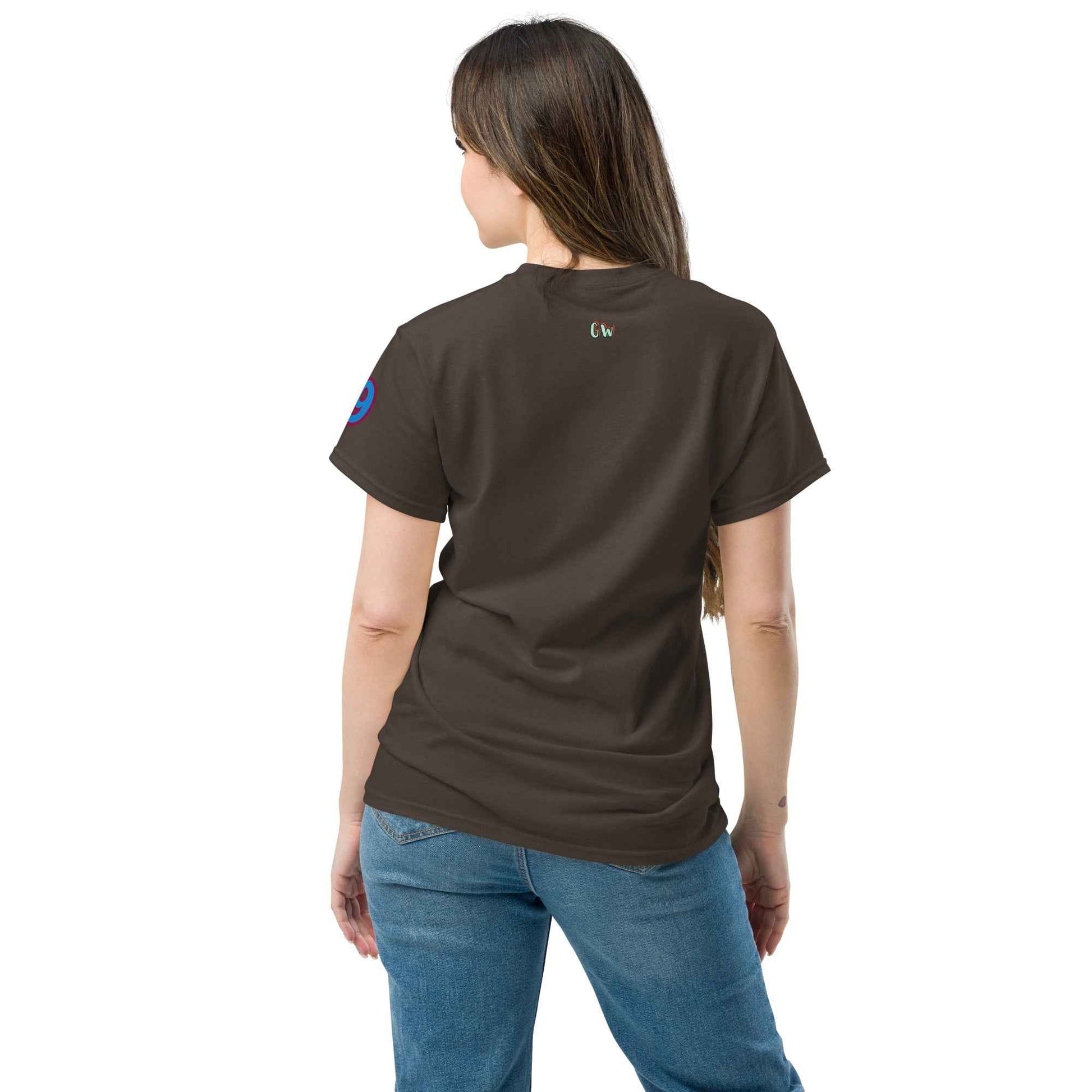 Unisex classic T-shirt, Dark Chocolate, back view, small back logo