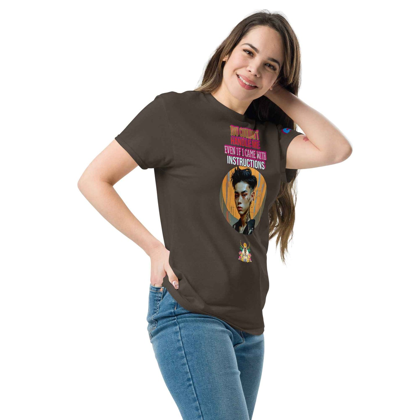 Unisex classic T-shirt, Dark Chocolate, side view, front graphic and logo