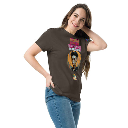 Unisex classic T-shirt, Dark Chocolate, side view, front graphic and logo