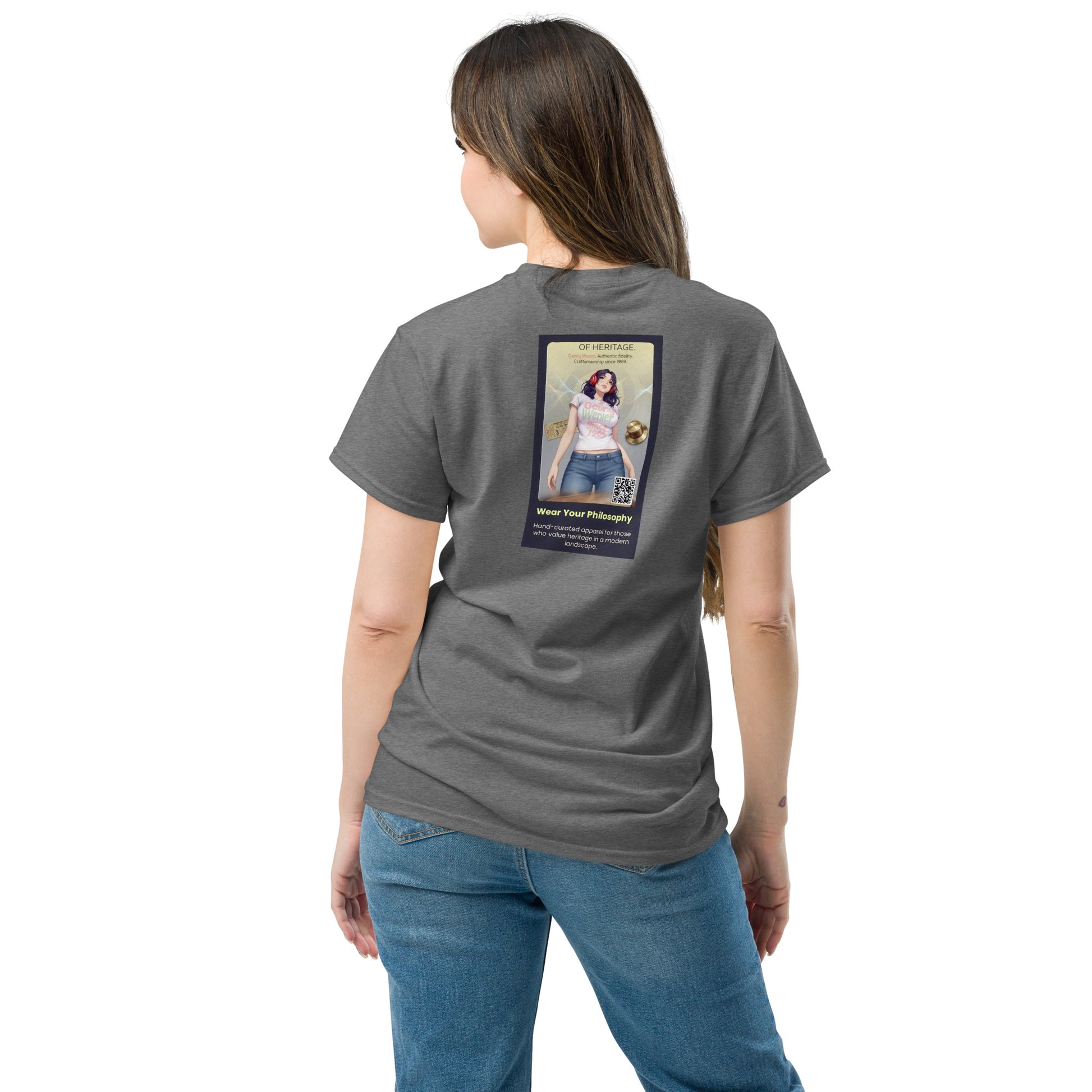 Heritage#5 classic tee, charcoal grey, back view with square graphic centered