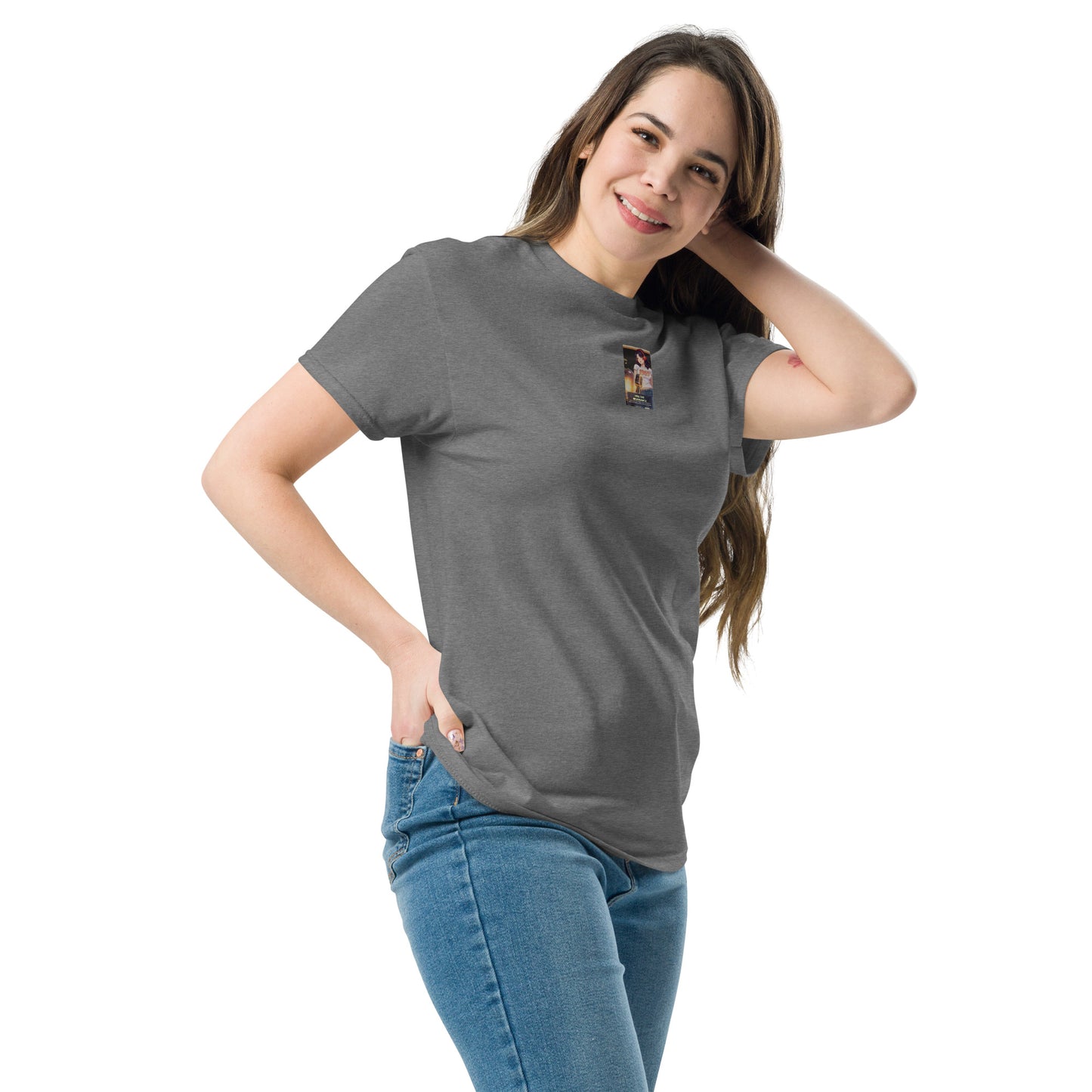 Heritage#5 classic tee, charcoal grey, front view with small square chest print