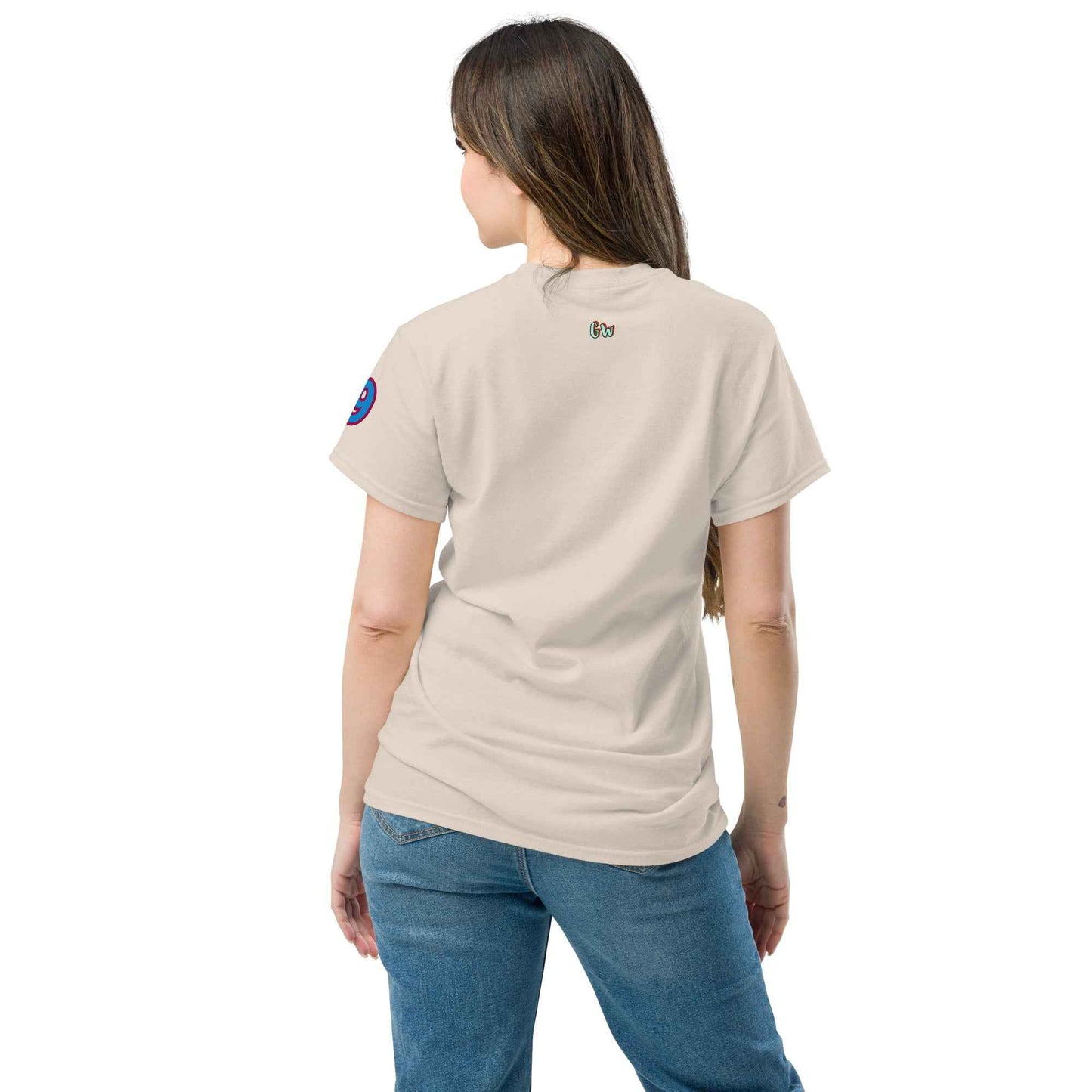 Unisex classic tee in Sand color, back view with small chest logo