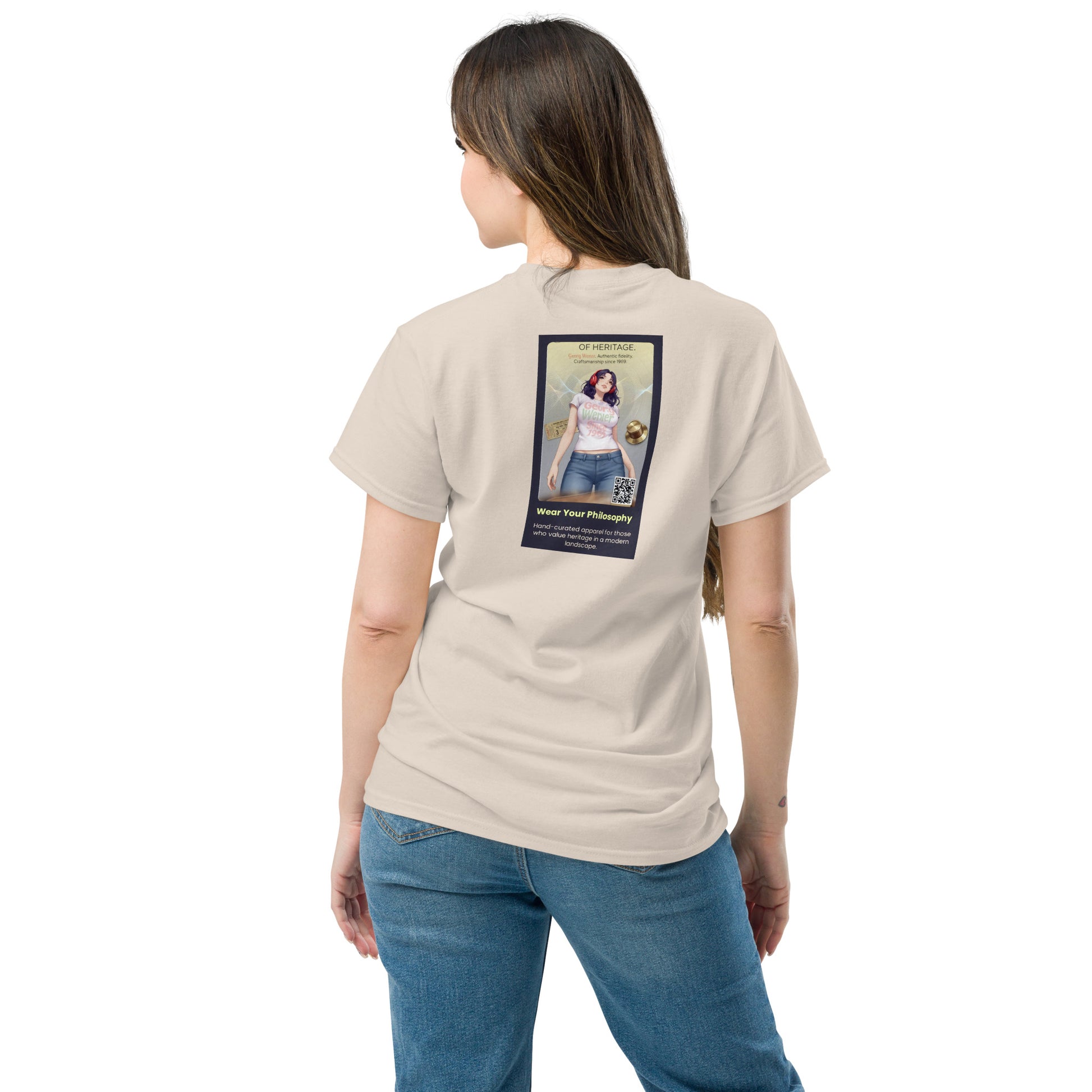 Heritage#5 classic tee, back print on light tan shirt