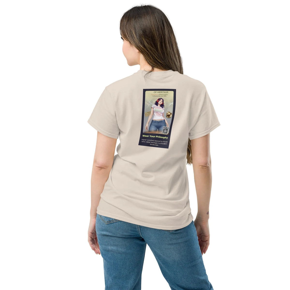 Heritage#5 classic tee, back print on light tan shirt