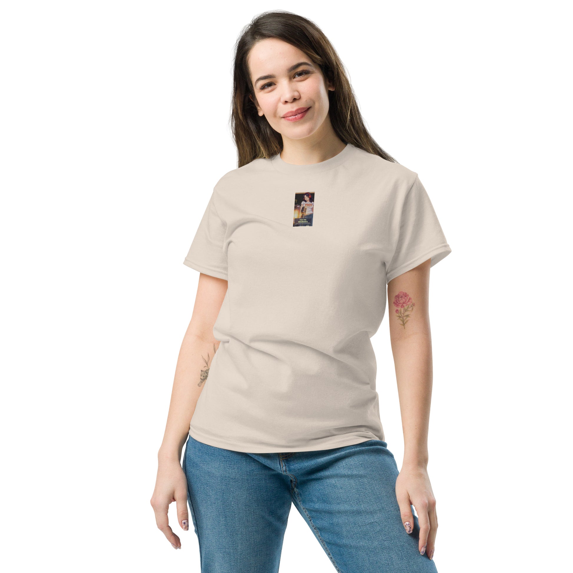 Heritage#5 classic tee in Natural beige, front view with small chest graphic patch