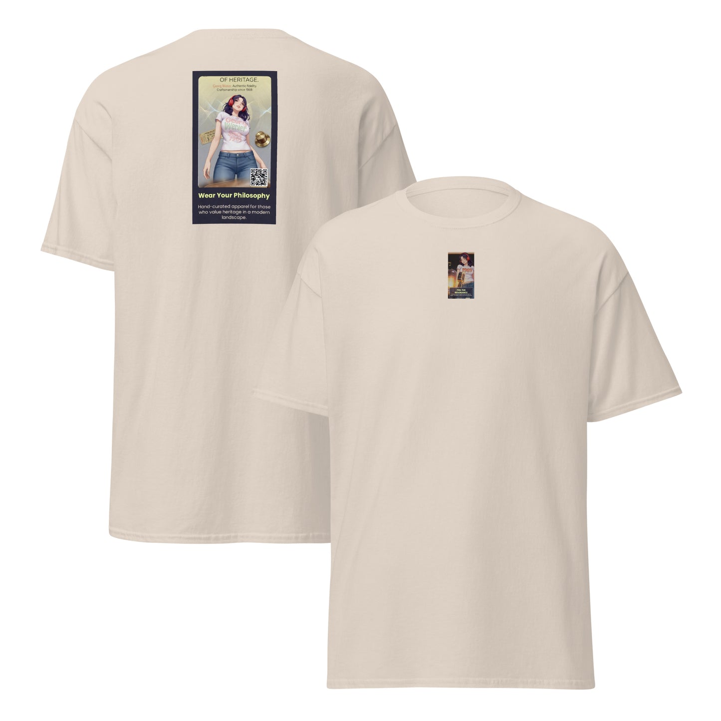 Heritage#5 classic tee, natural beige, front and back views with small chest graphic
