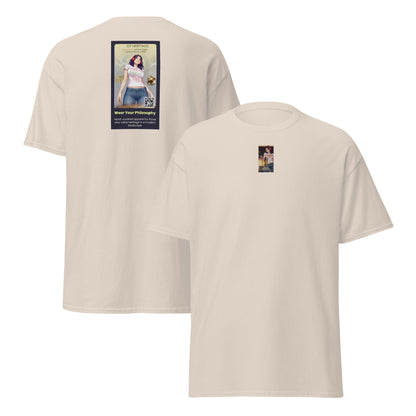 Heritage#5 classic tee, natural beige, front and back views with small chest graphic