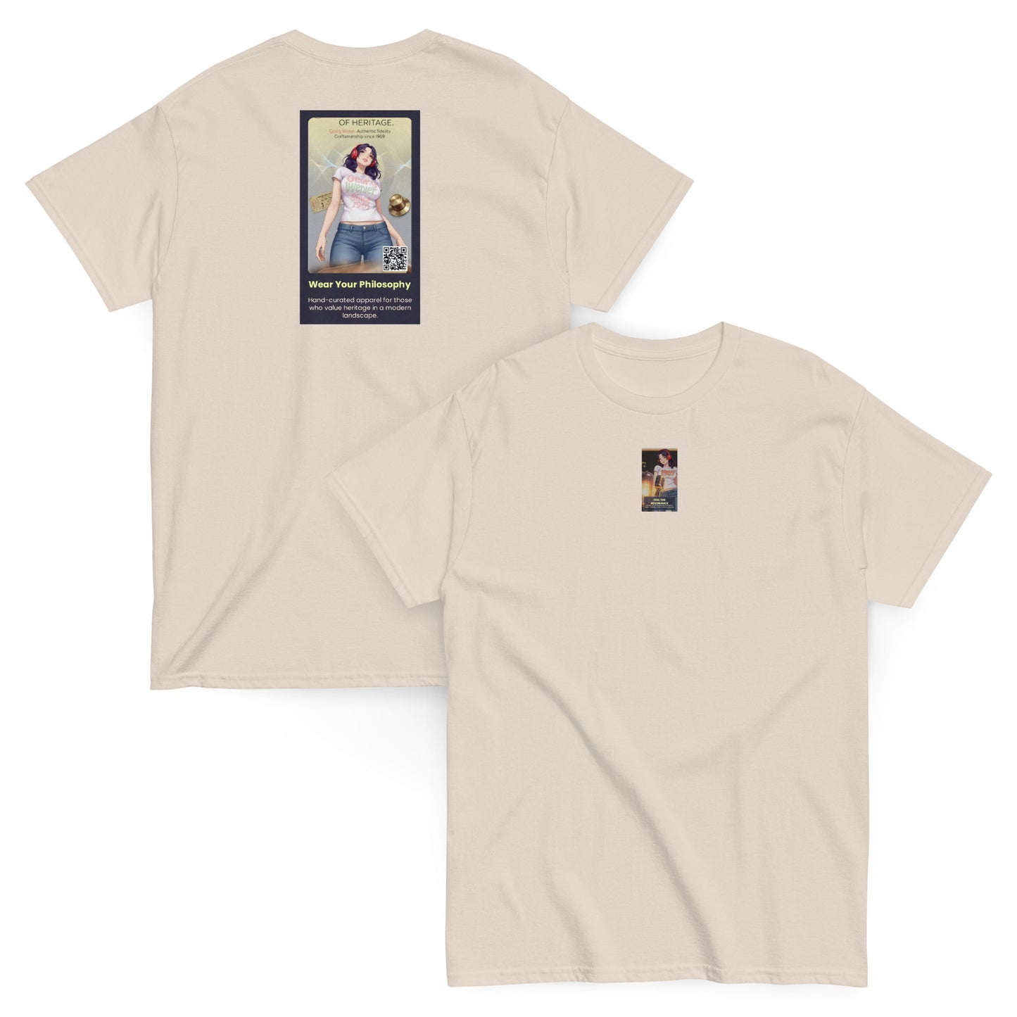 Heritage#5 classic tee, natural beige, back and front views with square back graphic
