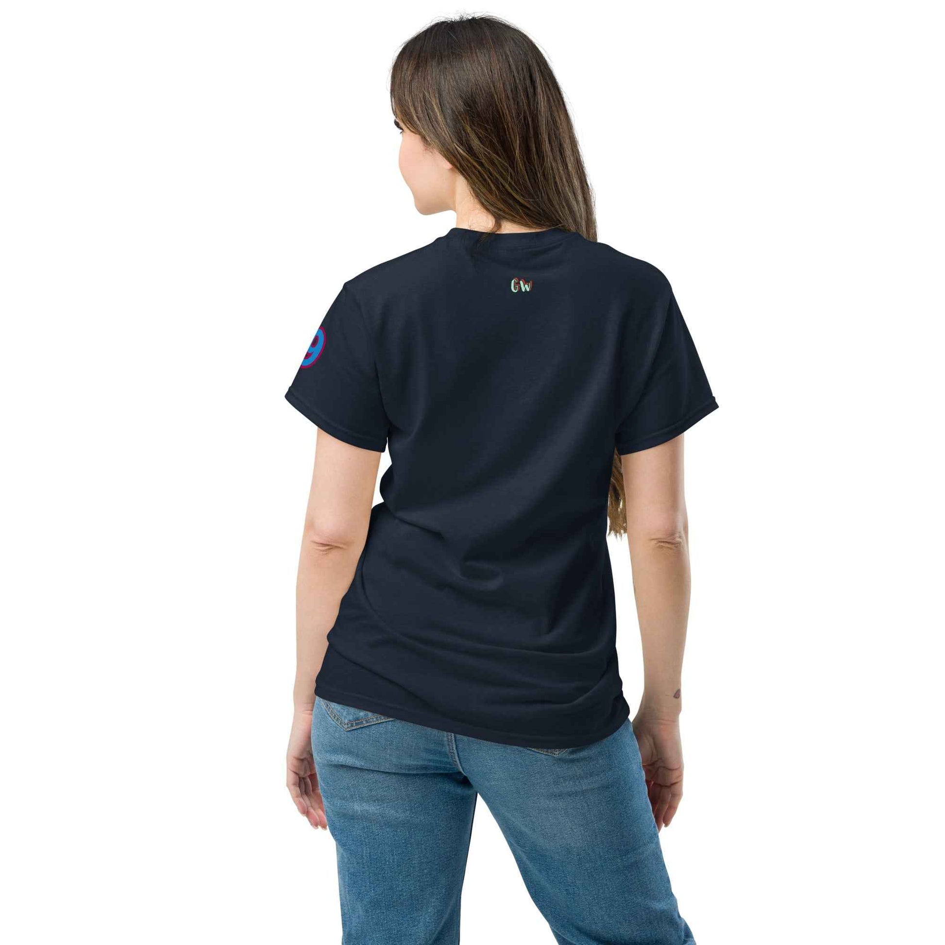 Unisex classic T-shirt, Navy, back view, small back logo