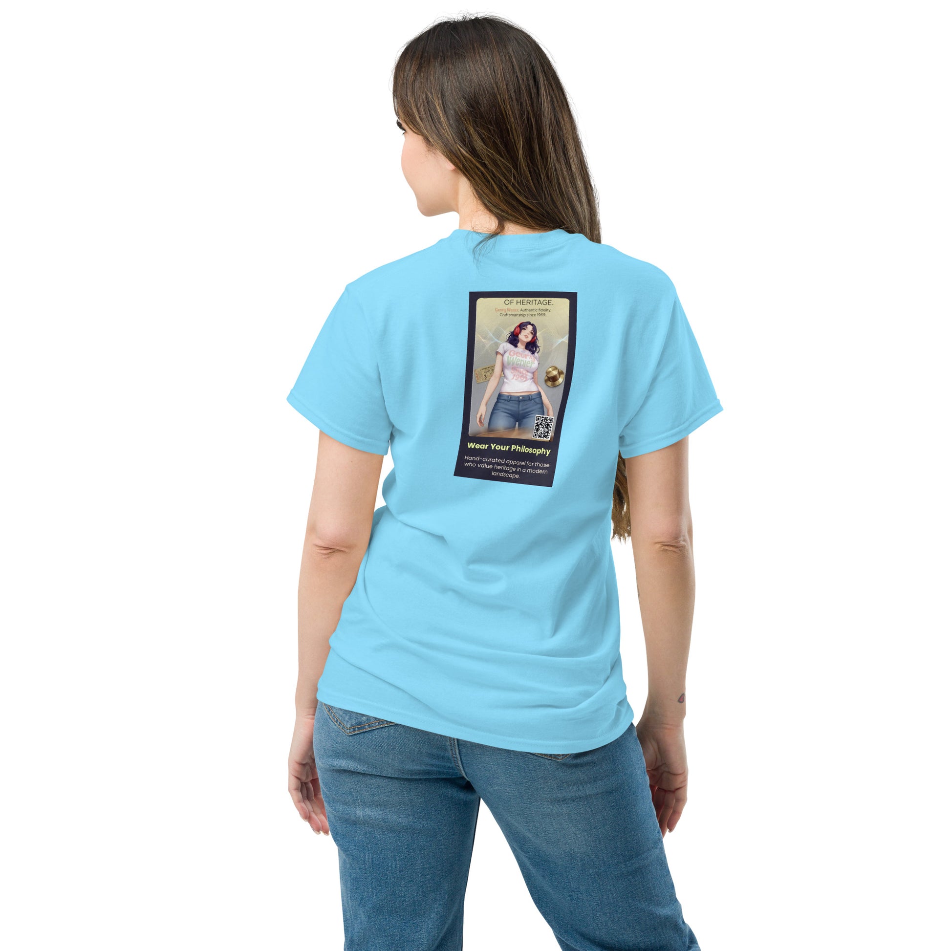 Heritage#5 classic tee in Sky blue, back view with large square graphic print