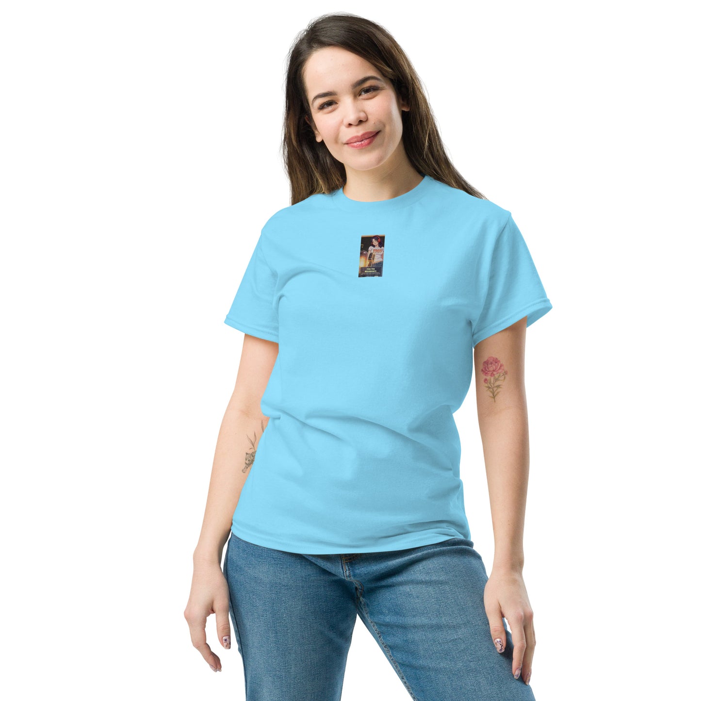 Heritage#5 classic tee in Sky blue, front view with small chest graphic patch