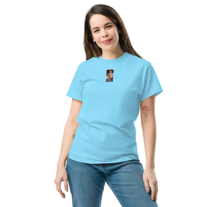 Heritage#5 classic tee in Sky blue, front view with small chest graphic patch