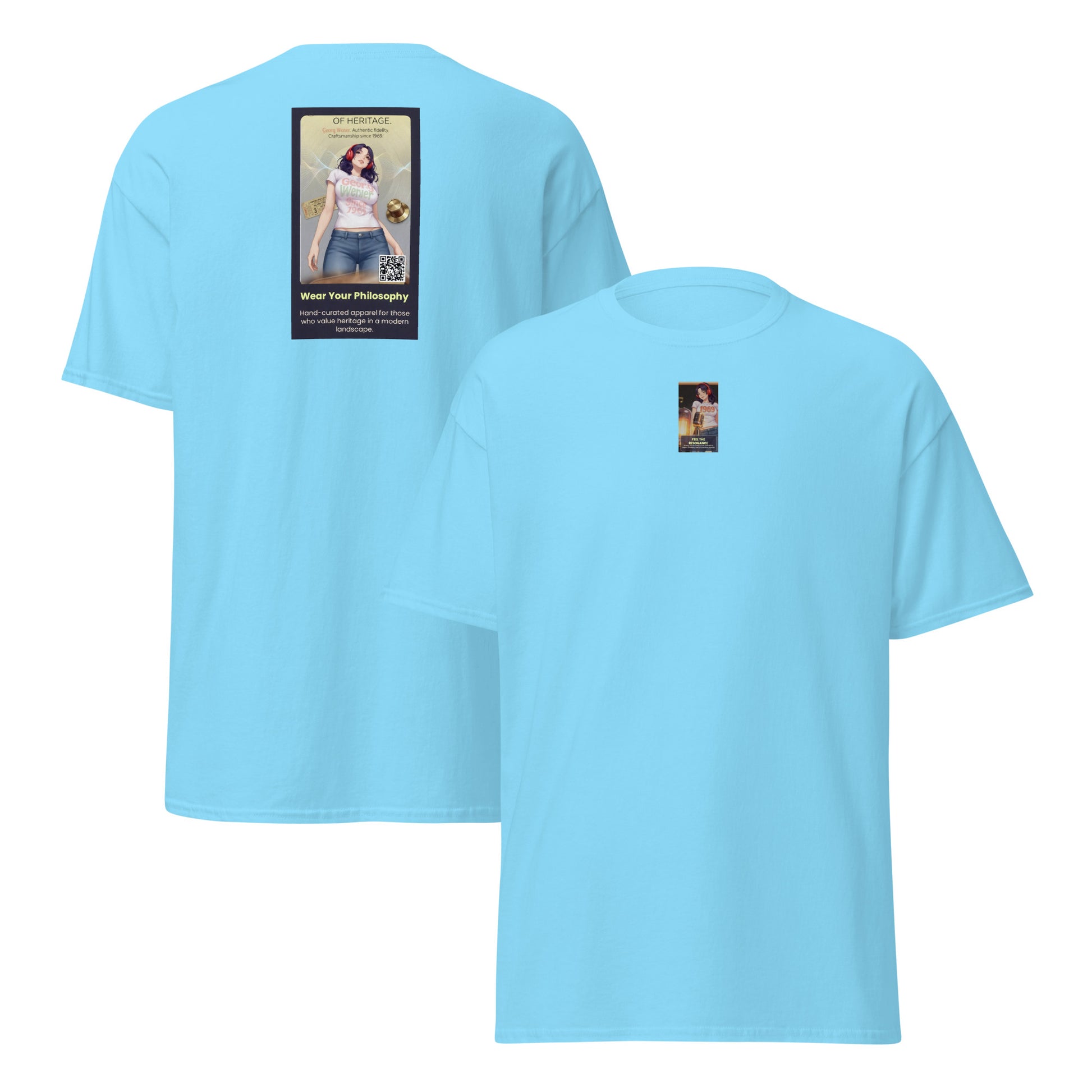 Heritage#5 classic tee in sky blue, back view, crewneck with square graphic print