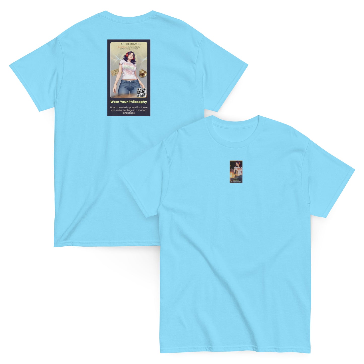 Heritage#5 classic tee in sky blue, front view, crewneck with small square graphic print