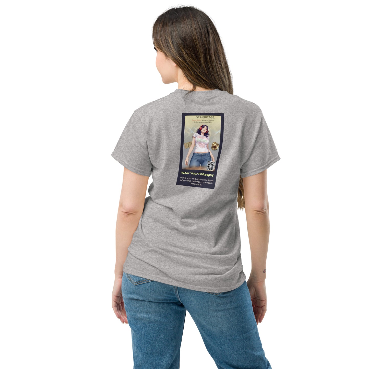 Heritage#5 classic tee in Sport Grey, back view with large square graphic print