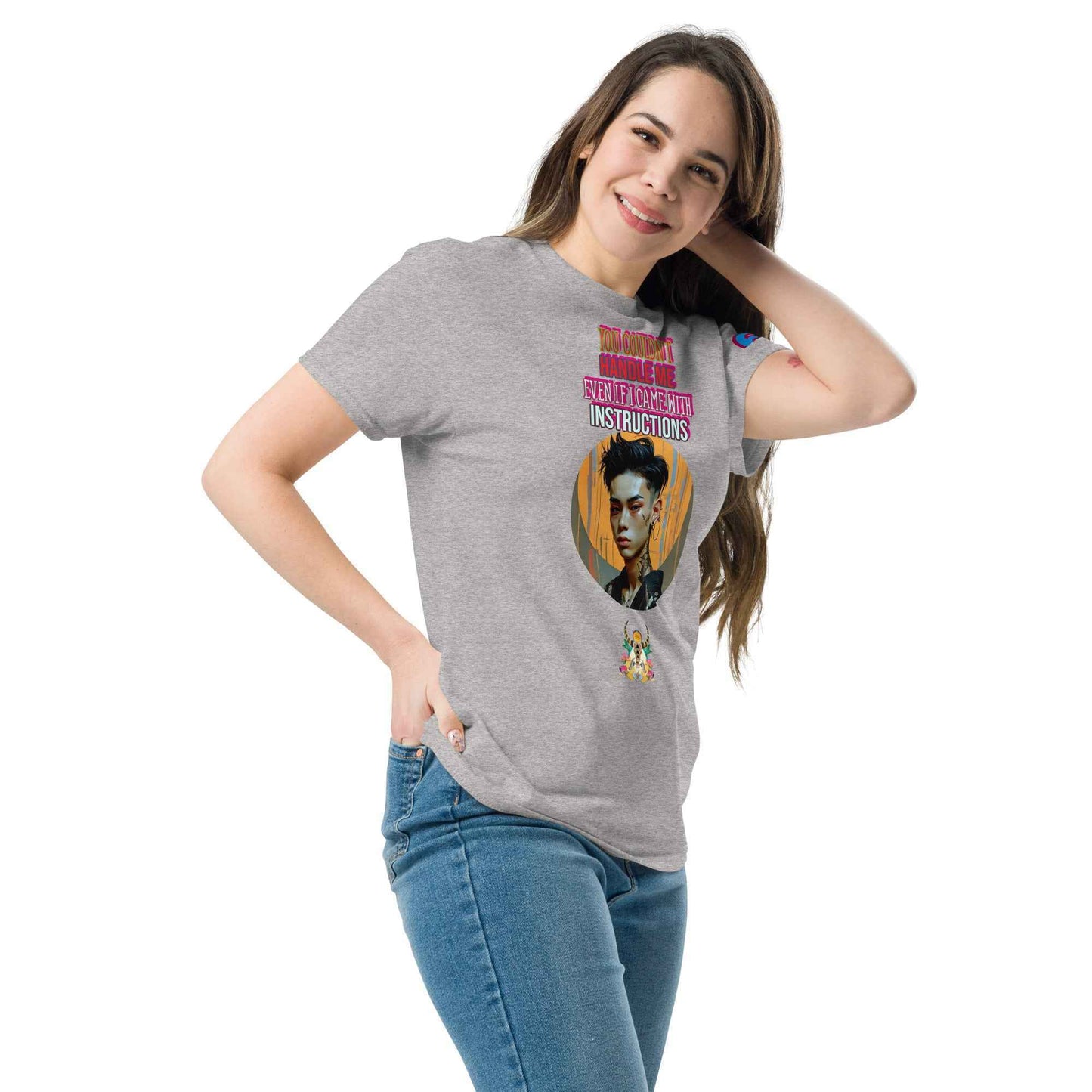 Unisex classic tee in Sport Grey mit großem buntem Frontprint und Rundhalsausschnitt
