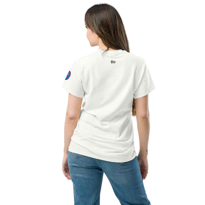 White unisex classic tee, back view with small chest logo