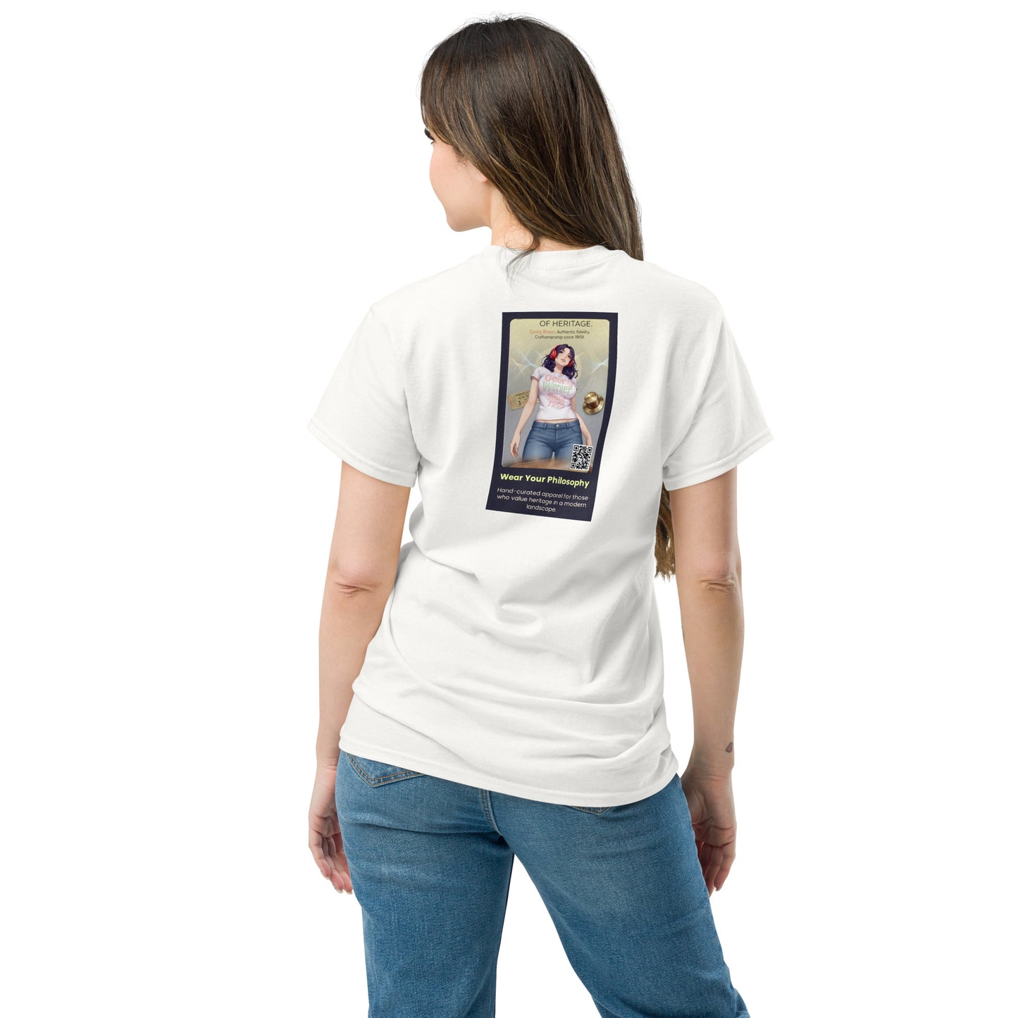 Heritage#5 classic tee, back photo graphic on white shirt