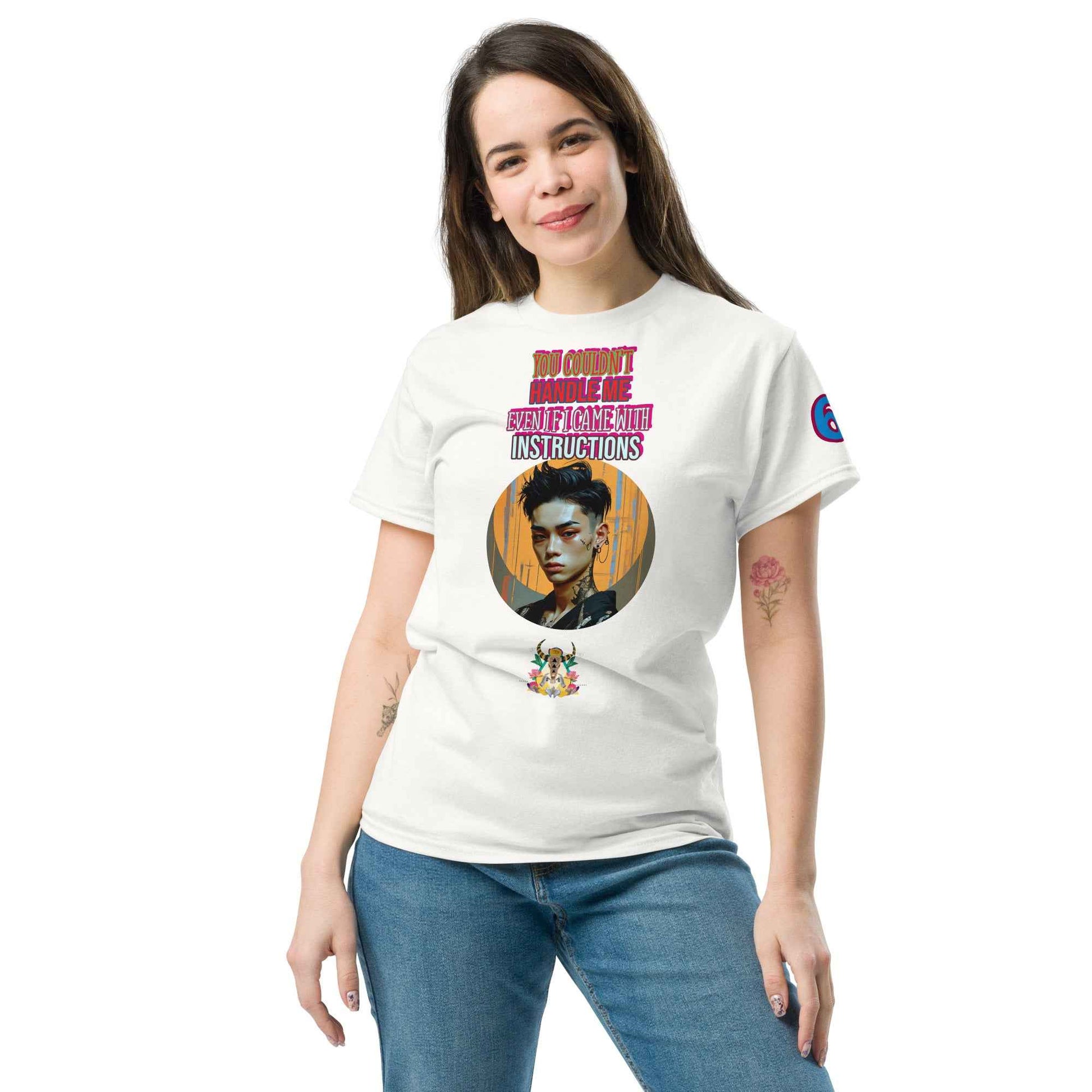 Unisex classic tee in White, front graphic print with round neckline