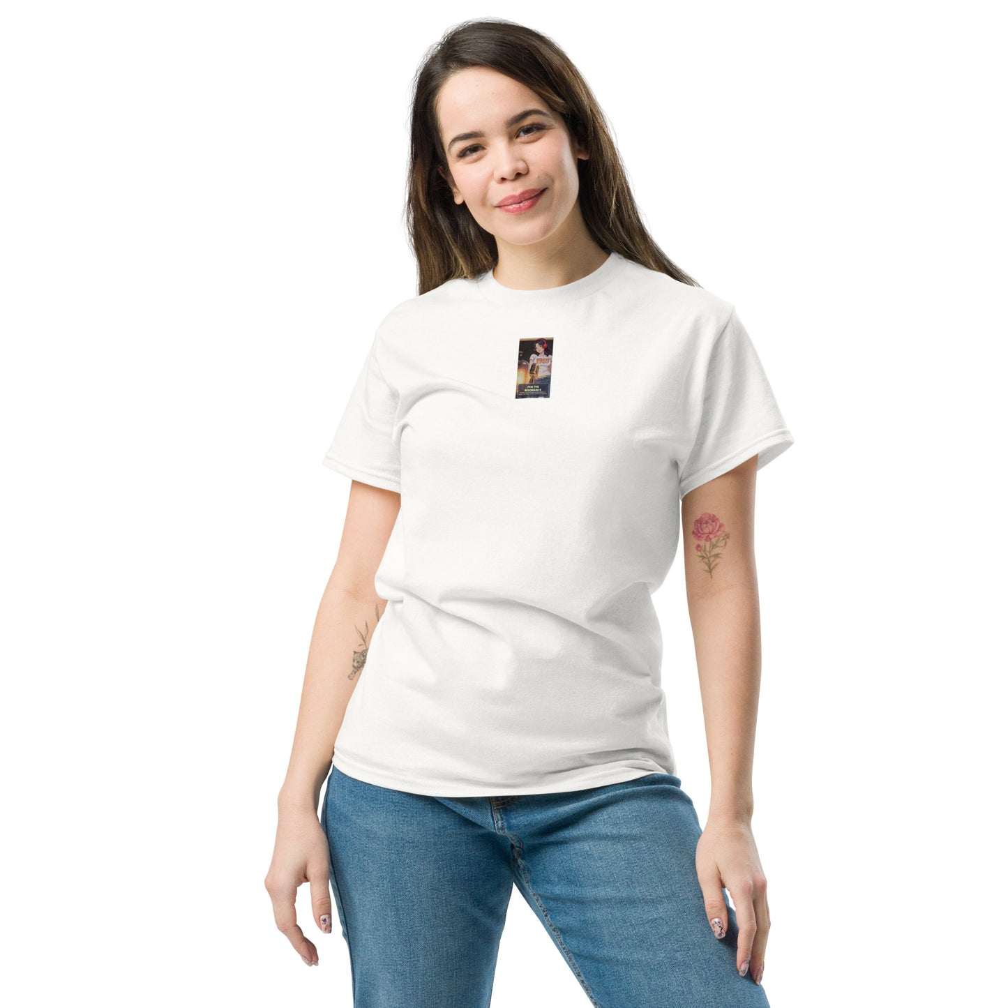 Heritage#5 classic tee, front photo graphic on white shirt