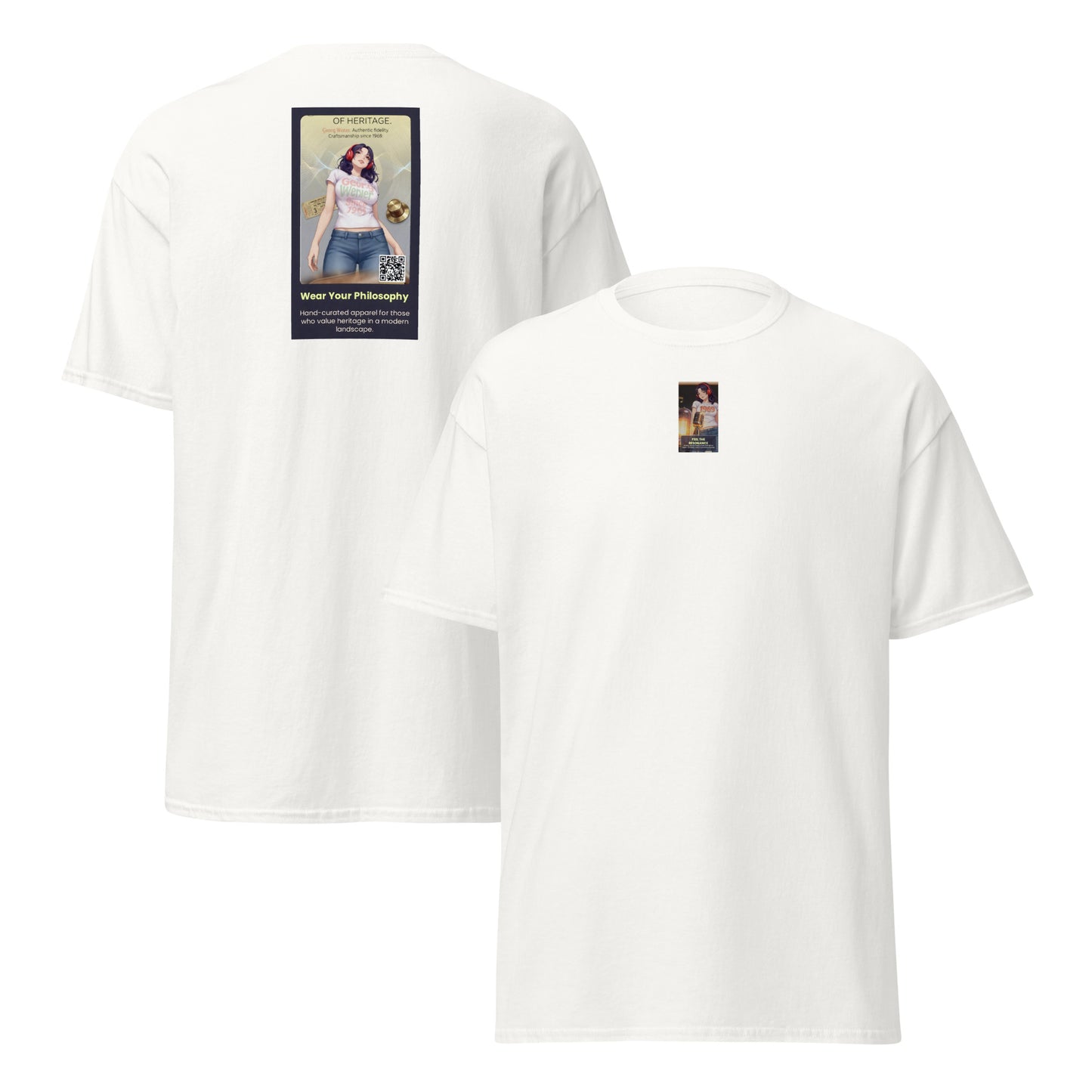 Heritage#5 classic tee in natural beige, front view with small chest print