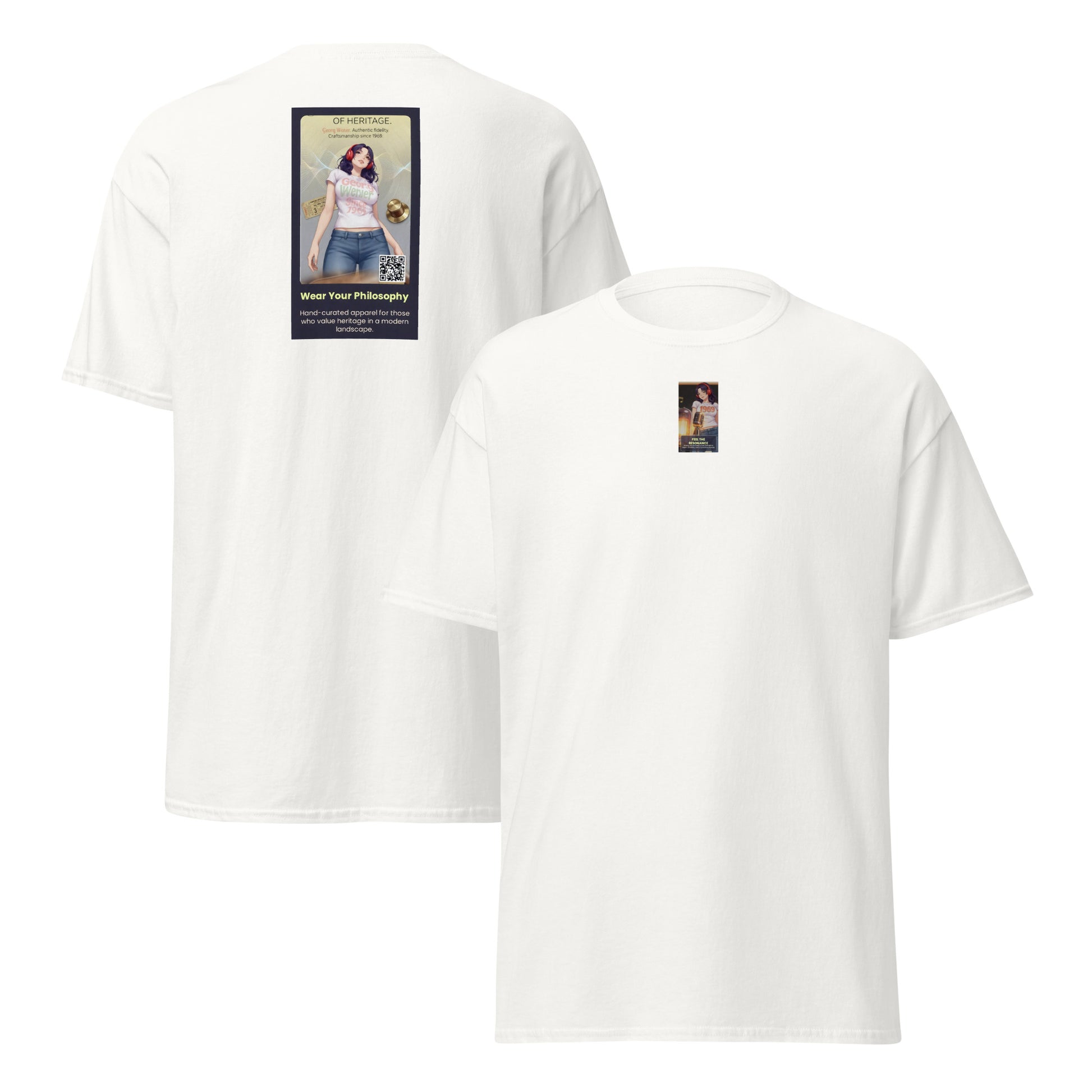 Heritage#5 classic tee in natural beige, front view with small chest print