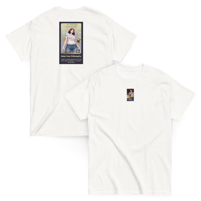 Heritage#5 classic tee, natural beige, back view with square graphic on upper back