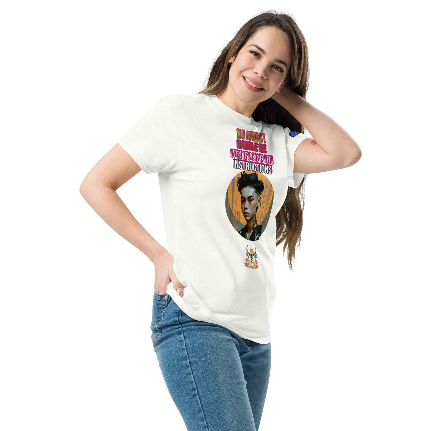 White unisex classic tee, front graphic print and short sleeves