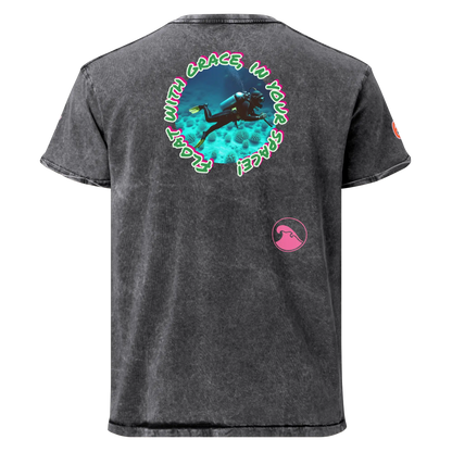 Scuba Denim T-Shirt, schwarzes Shirt mit großem Rückenprint und kleinem Brust-Emblem