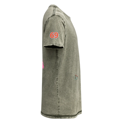 Scuba Denim T-Shirt, dunkel-olivgrünes Shirt mit „69“-Aufdruck am Ärmel